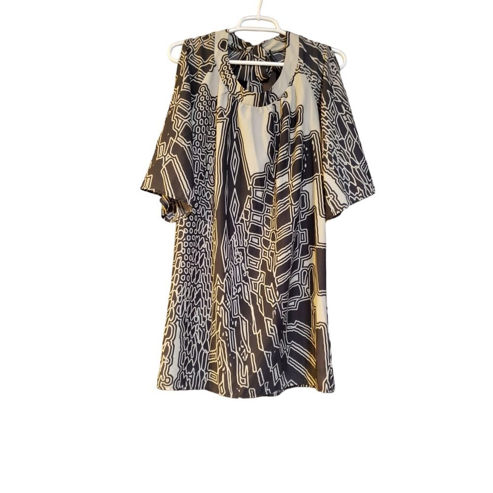 GLAM Cold Shoulder Round Neck Sheath Dress S Brown Tan Geometric Artwear Fun‎